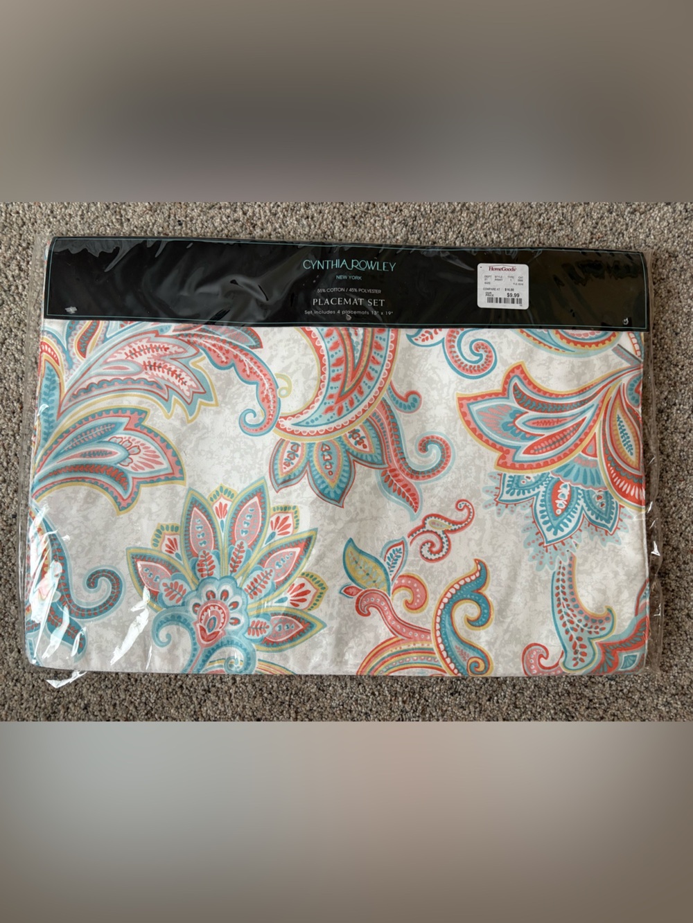 CYNTHIA ROWLEY Set of 4 NEW Paisley Floral Placemats 13x19 Aqua Coral NIP